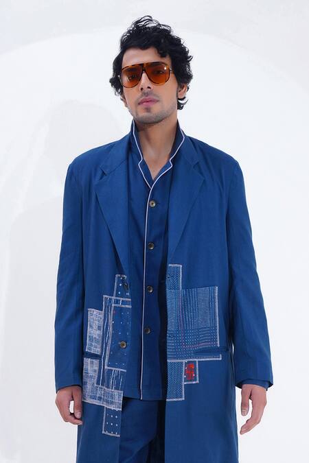 Jajaabor Blue Linen Printed Geometric Plain Pojagi Patchwork Long Jacket Online at Aza Fashions Jajaabor_Blue Linen Printed Geometric Plain Pojagi Patchwork Long Jacket _Online_at_Aza_Fashions