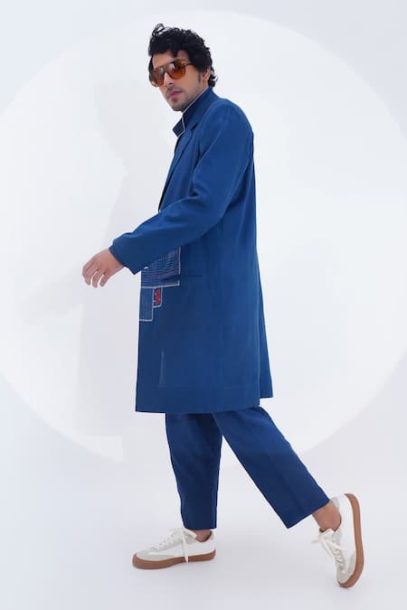 Buy_Jajaabor_Blue Linen Printed Geometric Plain Pojagi Patchwork Long Jacket _Online_at_Aza_Fashions