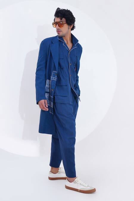 Shop_Jajaabor_Blue Linen Printed Geometric Plain Pojagi Patchwork Long Jacket _Online_at_Aza_Fashions