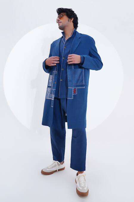 Jajaabor_Blue Linen Printed Geometric Plain Pojagi Patchwork Long Jacket _at_Aza_Fashions