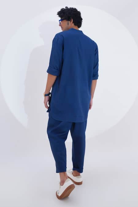 Shop_Jajaabor_Blue Linen Embroidery Tiger Thread Kurta With Pant _at_Aza_Fashions