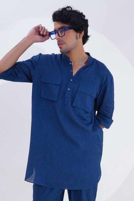 Jajaabor Blue Linen Embroidery Tiger Thread Kurta With Pant Online at Aza Fashions Jajaabor_Blue Linen Embroidery Tiger Thread Kurta With Pant _Online_at_Aza_Fashions