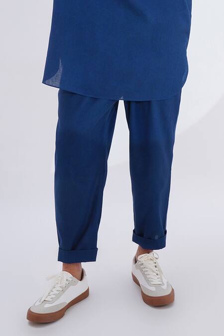 Buy Jajaabor Blue Linen Embroidery Tiger Thread Kurta With Pant Online at Aza Fashions Buy_Jajaabor_Blue Linen Embroidery Tiger Thread Kurta With Pant _Online_at_Aza_Fashions