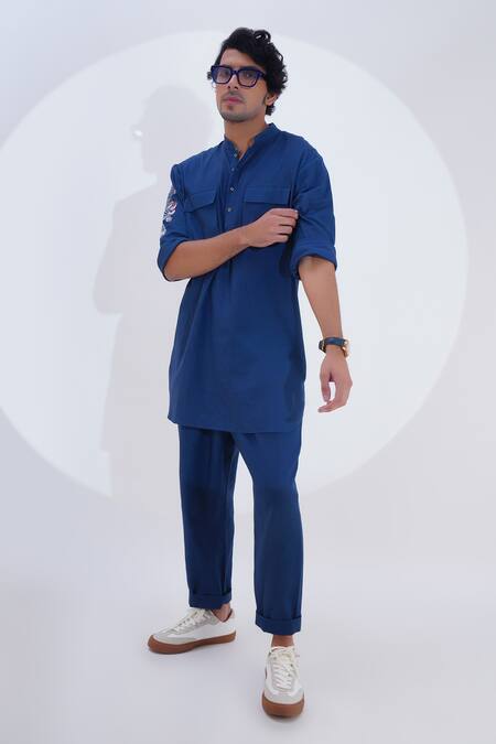 Shop_Jajaabor_Blue Linen Embroidery Tiger Thread Kurta With Pant _Online_at_Aza_Fashions