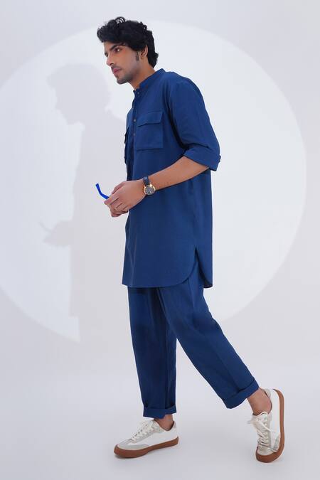 Jajaabor_Blue Linen Embroidery Tiger Thread Kurta With Pant _at_Aza_Fashions