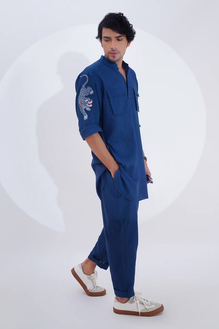 Buy_Jajaabor_Blue Linen Embroidery Tiger Thread Kurta With Pant 