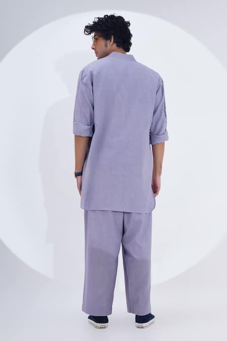 Shop_Jajaabor_Grey Linen Embroidery Placed Tiger Kurta With Pant _at_Aza_Fashions