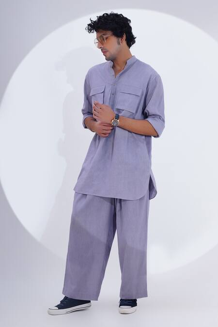 Buy_Jajaabor_Grey Linen Embroidery Placed Tiger Kurta With Pant _Online_at_Aza_Fashions