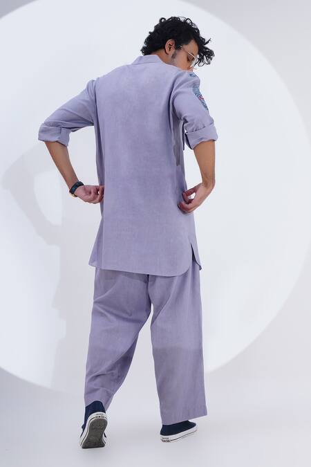 Shop_Jajaabor_Grey Linen Embroidery Placed Tiger Kurta With Pant _Online_at_Aza_Fashions