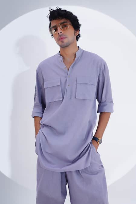 Jajaabor_Grey Linen Embroidery Placed Tiger Kurta With Pant _at_Aza_Fashions