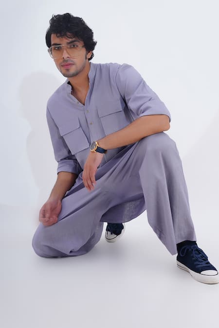 Buy_Jajaabor_Grey Linen Embroidery Placed Tiger Kurta With Pant 