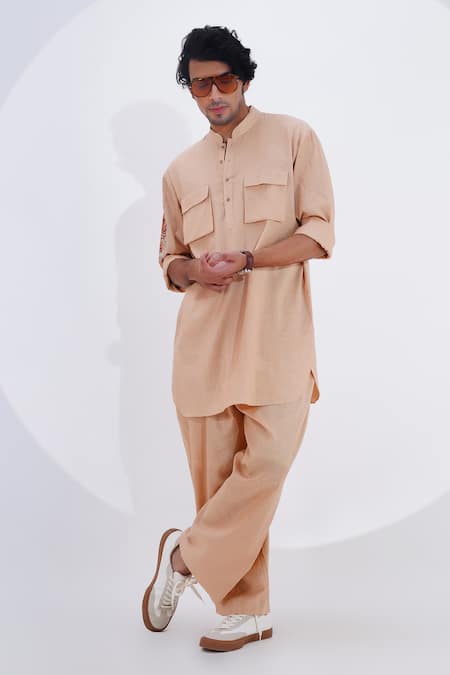 Jajaabor Beige Linen Embroidered Threadwork Tiger Placement Kurta With Pant