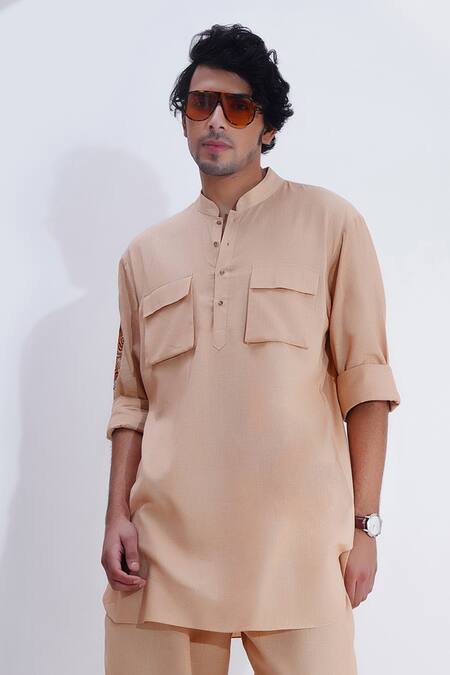 Jajaabor Beige Linen Embroidery Tiger Threadwork Placement Kurta With Pant Online at Aza Fashions Jajaabor_Beige Linen Embroidery Tiger Threadwork Placement Kurta With Pant _Online_at_Aza_Fashions
