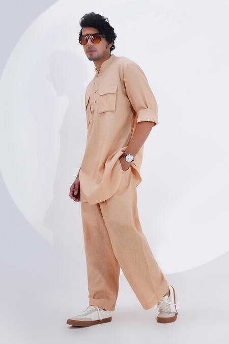 Jajaabor_Beige Linen Embroidery Tiger Threadwork Placement Kurta With Pant _at_Aza_Fashions