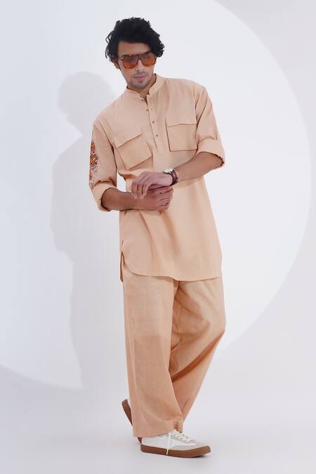 Buy_Jajaabor_Beige Linen Embroidery Tiger Threadwork Placement Kurta With Pant 