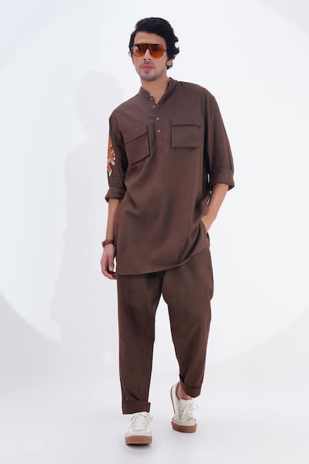 Jajaabor Brown Linen Embroidered Threadwork Placement Kurta With Pant
