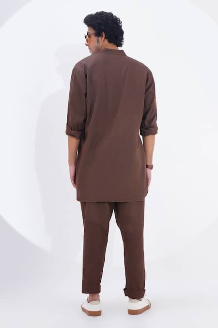 Shop_Jajaabor_Brown Linen Embroidery Threadwork Placement Kurta With Pant _at_Aza_Fashions