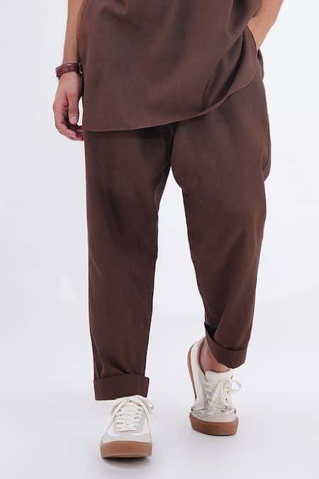 Jajaabor Brown Linen Embroidery Threadwork Placement Kurta With Pant Online at Aza Fashions Jajaabor_Brown Linen Embroidery Threadwork Placement Kurta With Pant _Online_at_Aza_Fashions