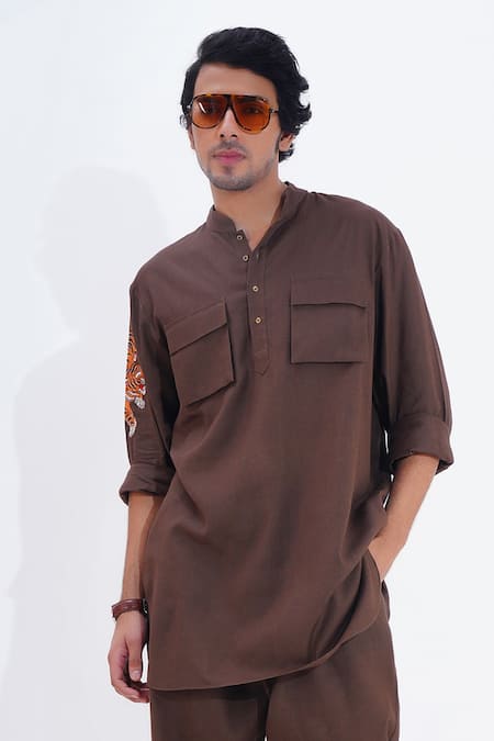 Buy Jajaabor Brown Linen Embroidery Threadwork Placement Kurta With Pant Online at Aza Fashions Buy_Jajaabor_Brown Linen Embroidery Threadwork Placement Kurta With Pant _Online_at_Aza_Fashions