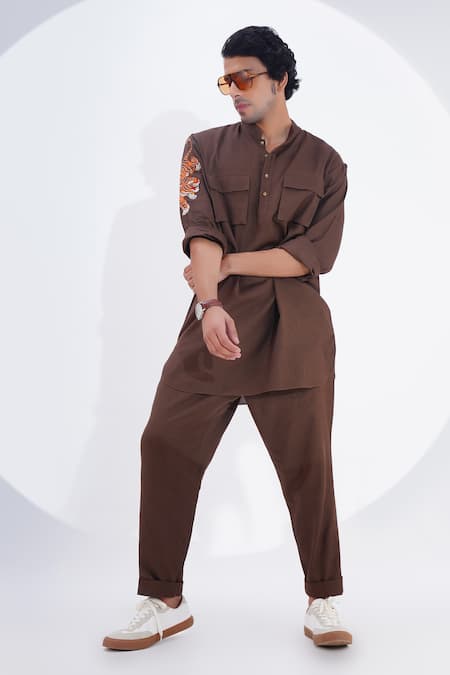Shop_Jajaabor_Brown Linen Embroidery Threadwork Placement Kurta With Pant _Online_at_Aza_Fashions