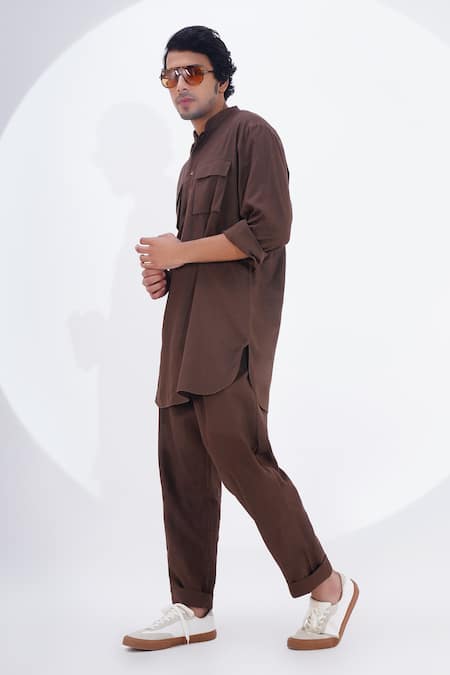 Jajaabor_Brown Linen Embroidery Threadwork Placement Kurta With Pant _at_Aza_Fashions