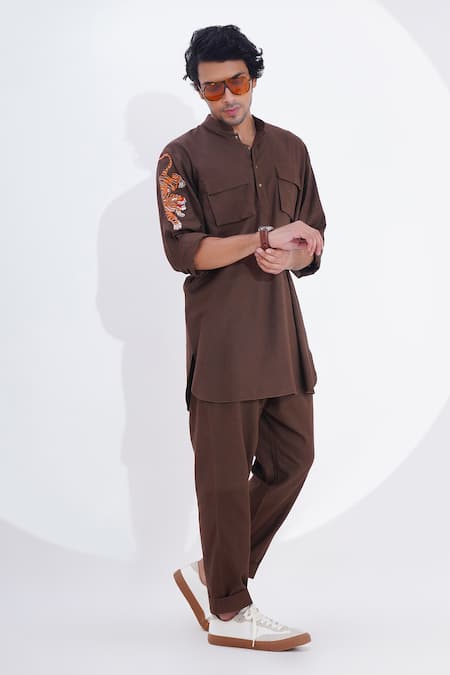 Buy_Jajaabor_Brown Linen Embroidery Threadwork Placement Kurta With Pant 