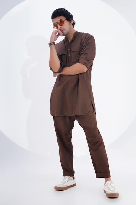 Shop_Jajaabor_Brown Linen Embroidery Threadwork Placement Kurta With Pant 