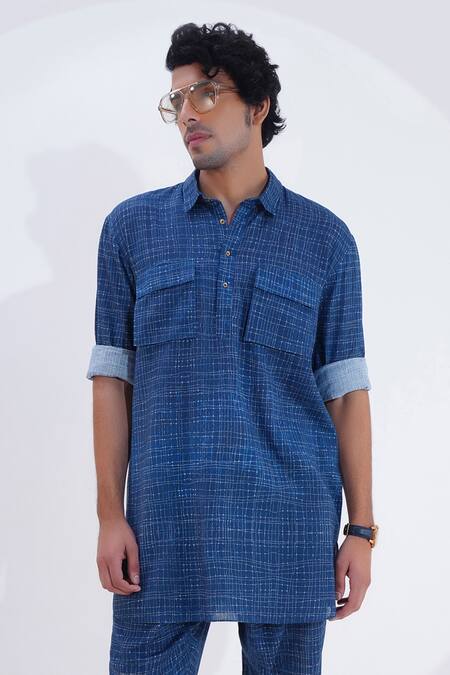 Jajaabor Blue Linen Checkered Print Kurta With Pant Online at Aza Fashions Jajaabor_Blue Linen Checkered Print Kurta With Pant _Online_at_Aza_Fashions
