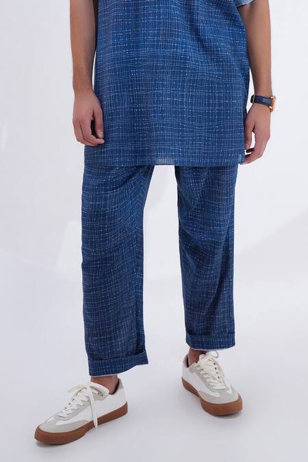 Buy Jajaabor Blue Linen Checkered Print Kurta With Pant Online at Aza Fashions Buy_Jajaabor_Blue Linen Checkered Print Kurta With Pant _Online_at_Aza_Fashions