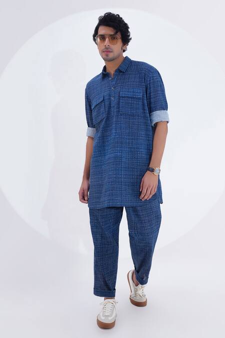 Shop_Jajaabor_Blue Linen Checkered Print Kurta With Pant _Online_at_Aza_Fashions