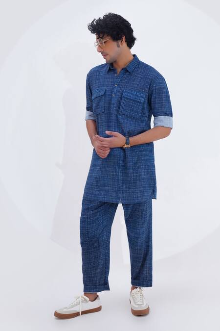 Jajaabor_Blue Linen Checkered Print Kurta With Pant _at_Aza_Fashions