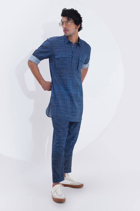 Buy_Jajaabor_Blue Linen Checkered Print Kurta With Pant 
