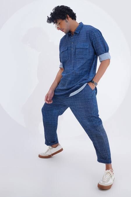 Shop_Jajaabor_Blue Linen Checkered Print Kurta With Pant 