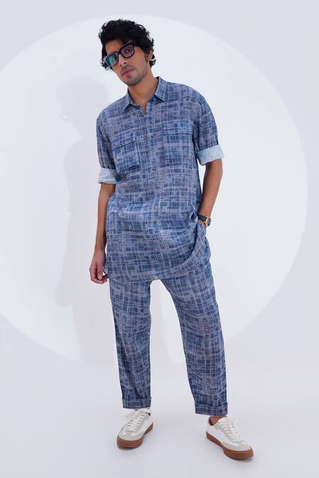 Buy_Jajaabor_Blue Linen Checkered Print Kurta With Pant _Online_at_Aza_Fashions