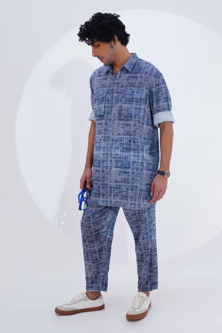 Shop_Jajaabor_Blue Linen Checkered Print Kurta With Pant _Online_at_Aza_Fashions