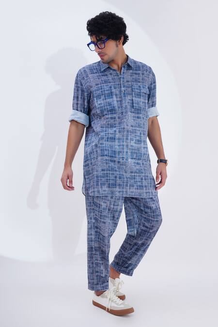 Jajaabor_Blue Linen Checkered Print Kurta With Pant _at_Aza_Fashions