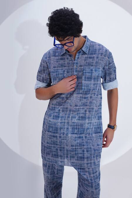 Buy_Jajaabor_Blue Linen Checkered Print Kurta With Pant 