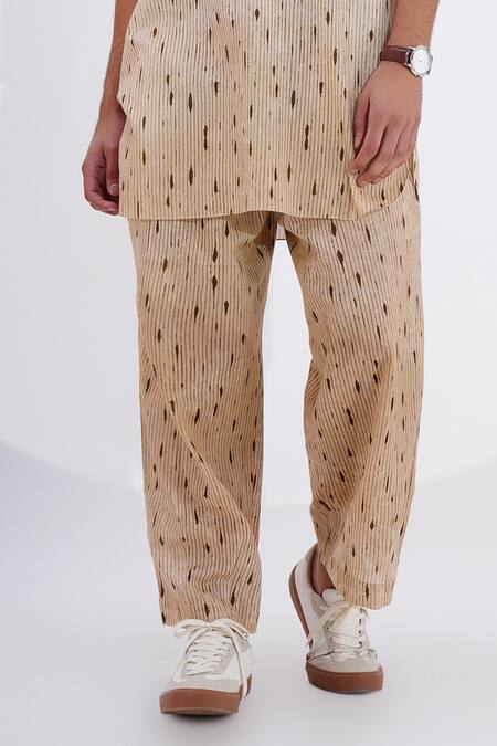 Jajaabor_Beige Linen Stripe Print Kurta With Pant _Online_at_Aza_Fashions