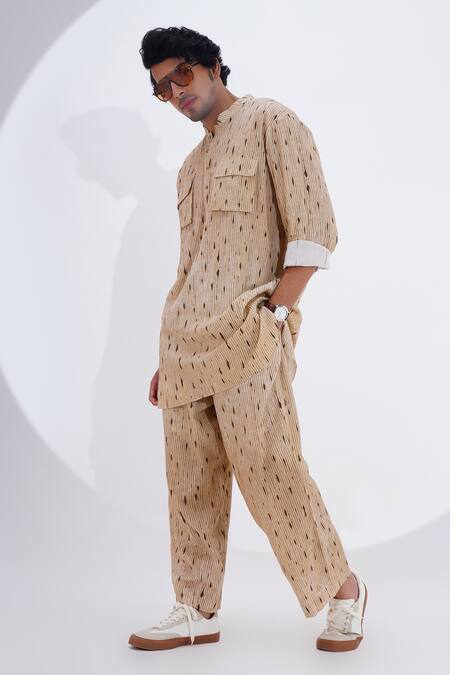 Shop_Jajaabor_Beige Linen Stripe Print Kurta With Pant _Online_at_Aza_Fashions