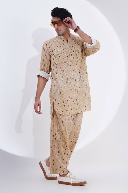 Jajaabor_Beige Linen Stripe Print Kurta With Pant _at_Aza_Fashions