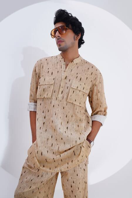 Buy_Jajaabor_Beige Linen Stripe Print Kurta With Pant 