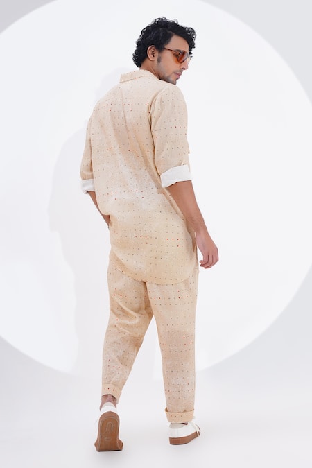 Shop_Jajaabor_Beige Linen Dot Print Kurta With Pant _at_Aza_Fashions