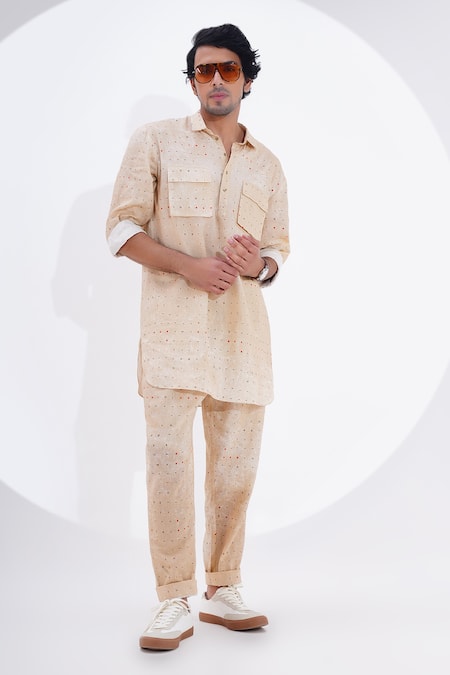 Jajaabor_Beige Linen Dot Print Kurta With Pant _Online_at_Aza_Fashions