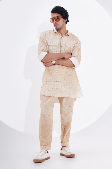 Shop_Jajaabor_Beige Linen Dot Print Kurta With Pant _Online_at_Aza_Fashions