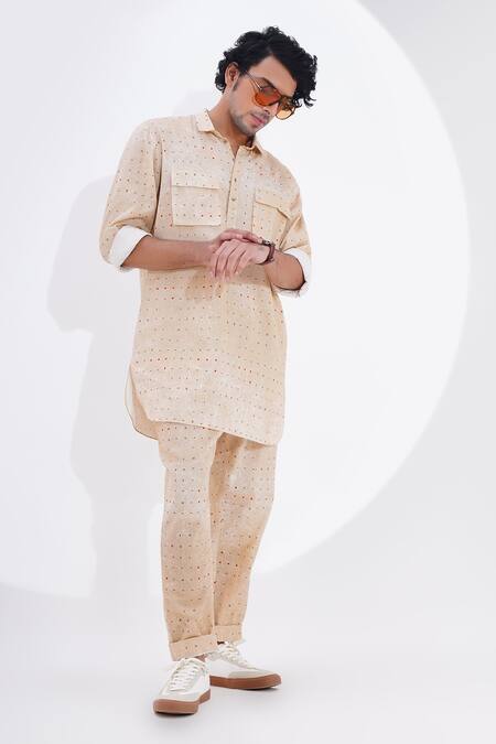 Buy_Jajaabor_Beige Linen Dot Print Kurta With Pant 