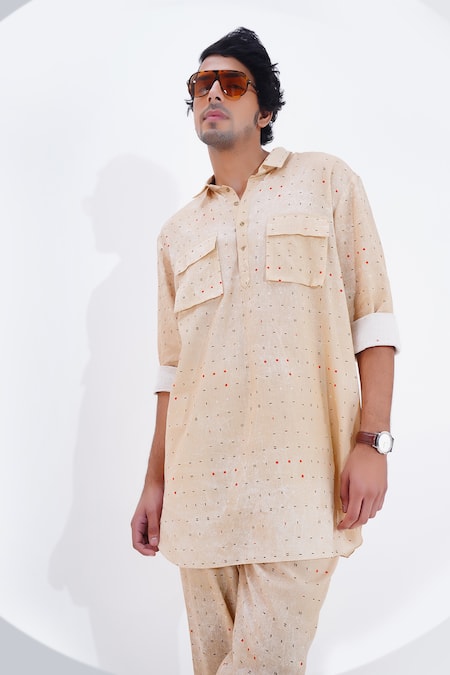Shop_Jajaabor_Beige Linen Dot Print Kurta With Pant 