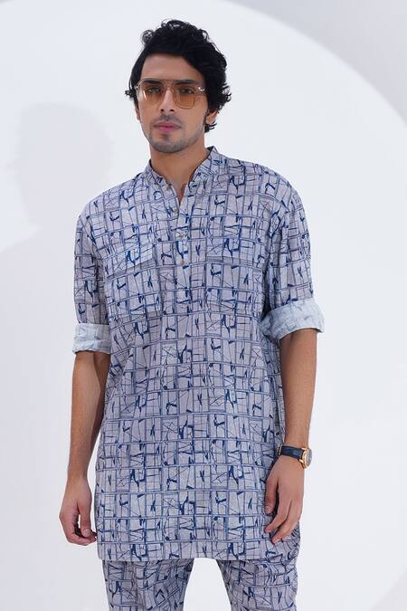 Jajaabor_Grey Linen Geometric Print Kurta With Pant _Online_at_Aza_Fashions
