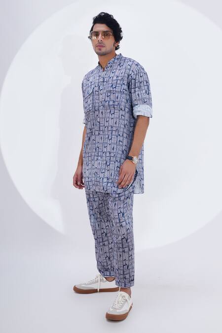 Shop_Jajaabor_Grey Linen Geometric Print Kurta With Pant _Online_at_Aza_Fashions
