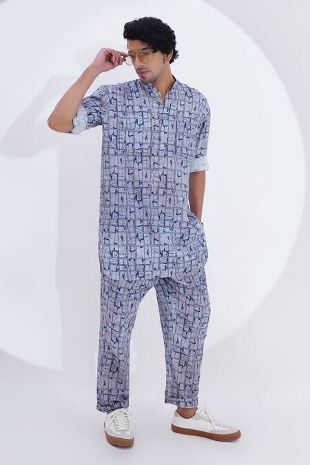 Jajaabor_Grey Linen Geometric Print Kurta With Pant _at_Aza_Fashions