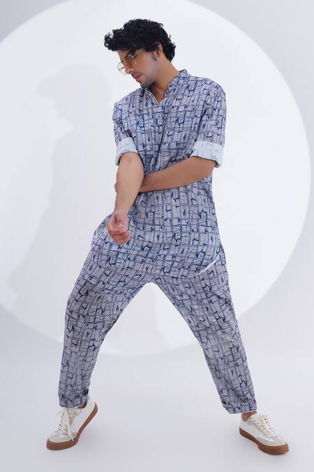 Buy_Jajaabor_Grey Linen Geometric Print Kurta With Pant 